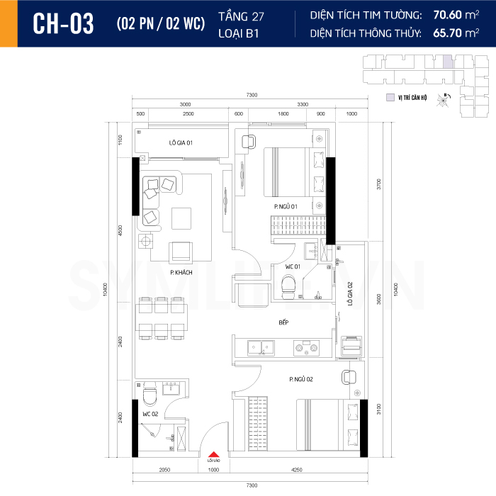 Mặt bằng dự án symlife 32 can ho CH 03 2PN 2WC 27