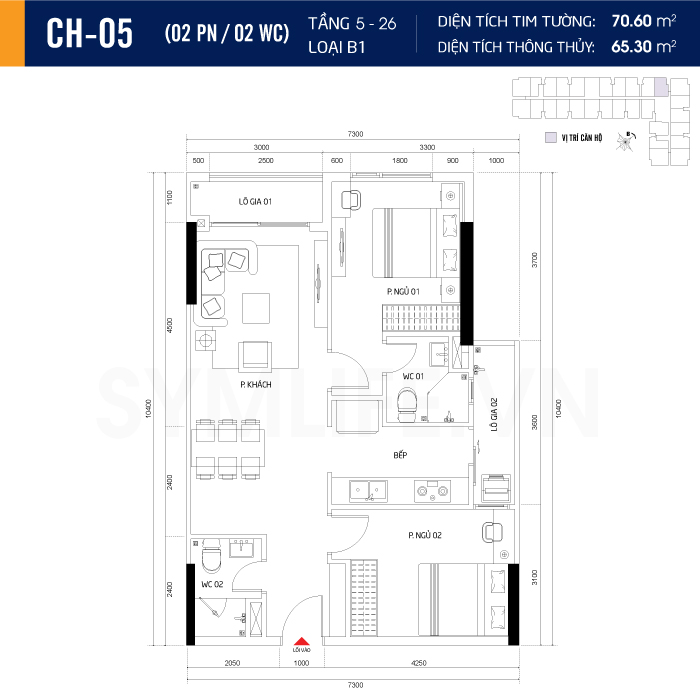 Mặt bằng dự án symlife 20 can ho CH 05 2PN 2WC 5 26