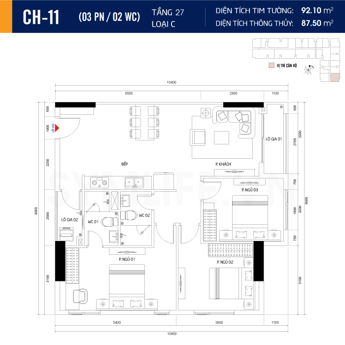 Mặt bằng dự án symlife 47 can ho CH 11 3PN 2WC 27