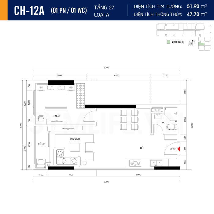 Mặt bằng dự án symlife 49 can ho CH 12A 1PN 1WC 27