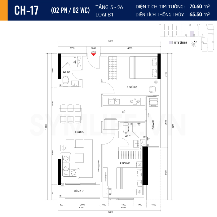 Mặt bằng dự án symlife 5 can ho CH 17 2PN 2WC 5 26