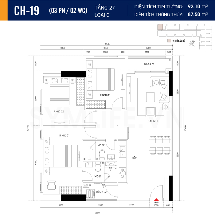 Mặt bằng dự án symlife 36 can ho CH 19 3PN 2WC 27