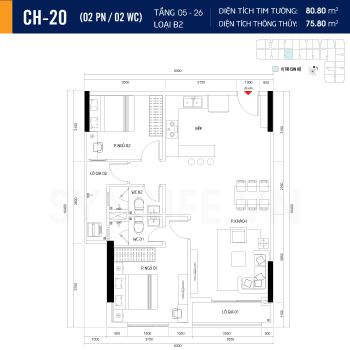 Mặt bằng dự án symlife 8 can ho CH 20 2PN 2WC 5 26