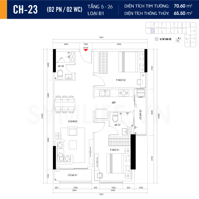 Mặt bằng dự án symlife 10 can ho CH 23 2PN 2WC 5 26
