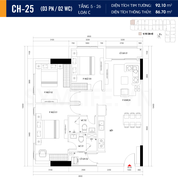 Mặt bằng dự án symlife 13 can ho CH 25 3PN 2WC 5 26