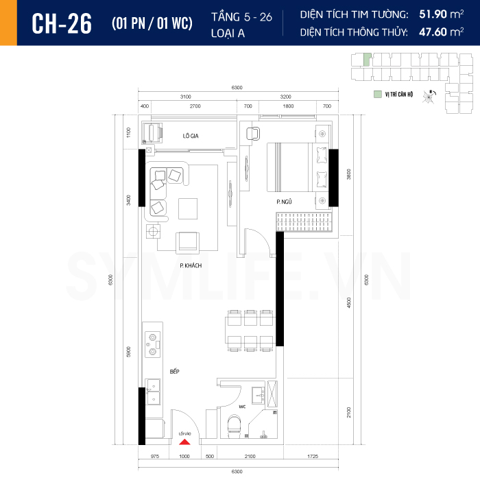 Mặt bằng dự án symlife 14 can ho CH 26 1PN 1WC 5 26