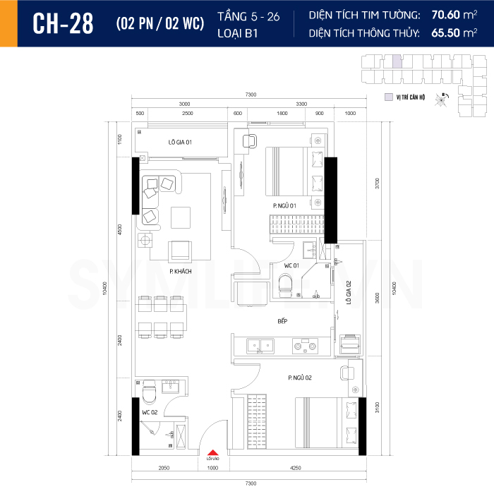 Mặt bằng dự án symlife 16 can ho CH 28 2PN 2WC 5 26