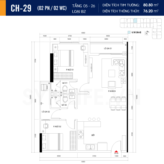 Mặt bằng dự án symlife 17 can ho CH 29 2PN 2WC 5 26